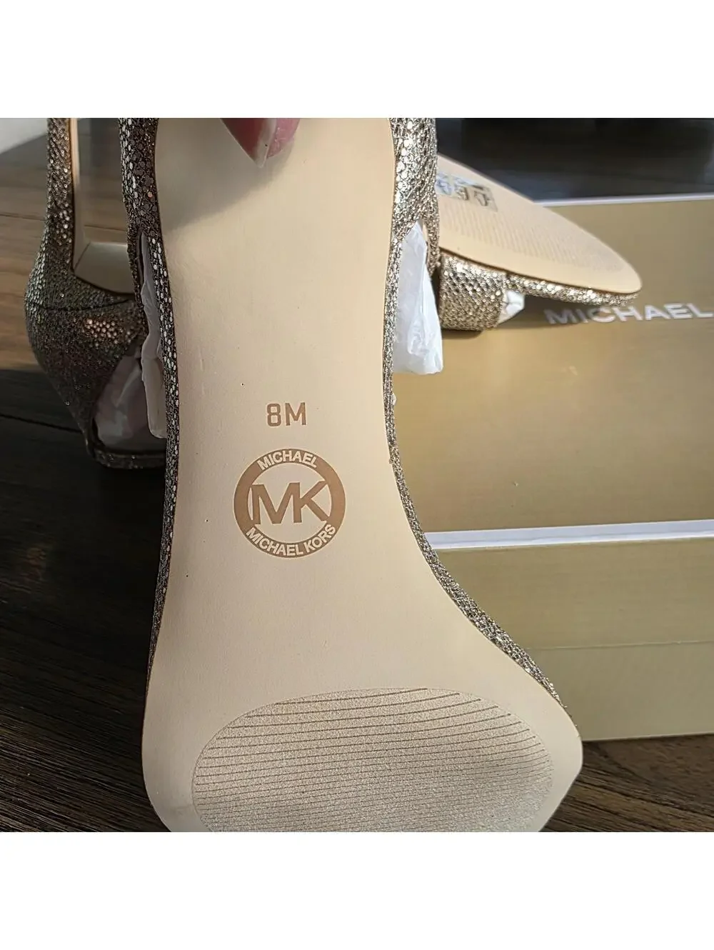 Michael Michael Kors Ava Mid Sandal Glitter Heels Silver/Sand Women’s Sz 8 NIB